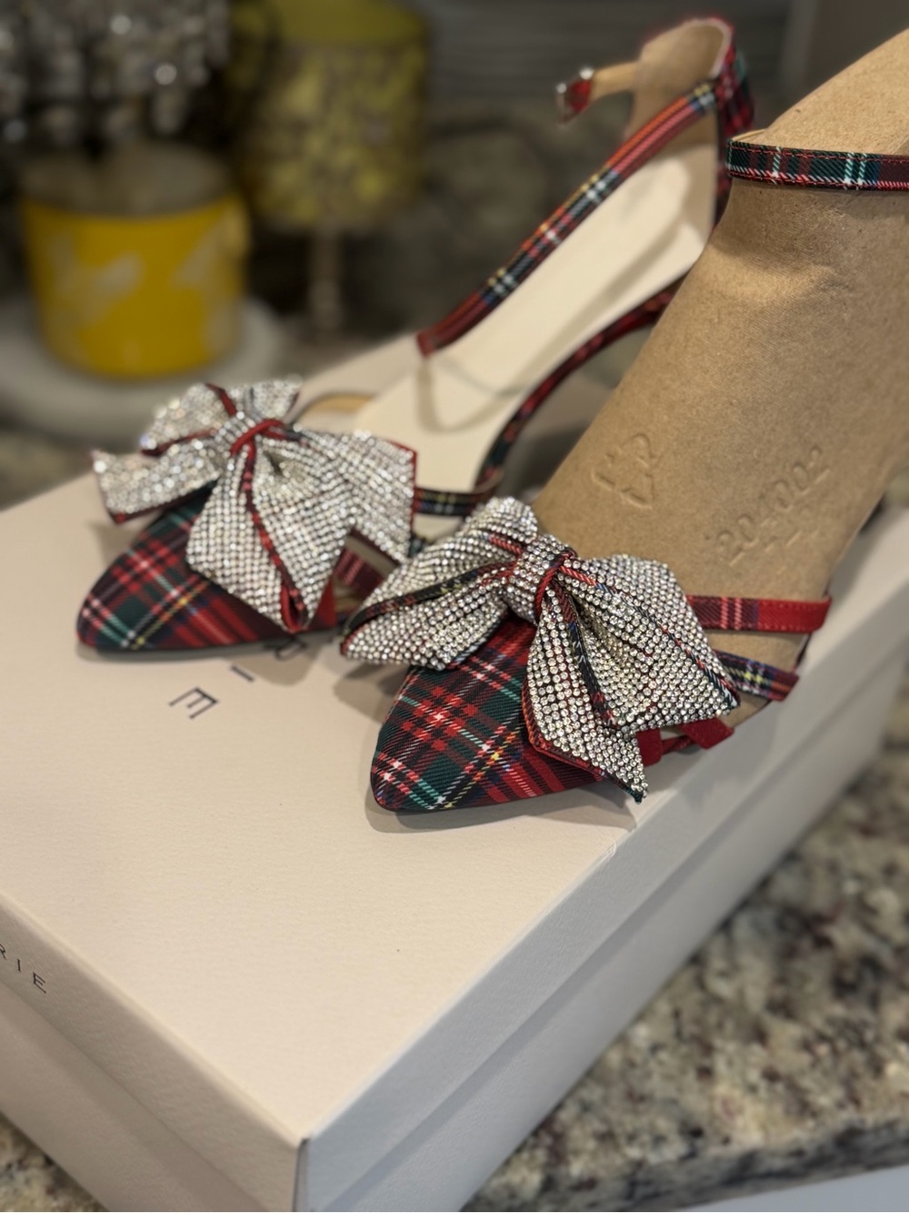 Alex Marie Red Plaid Crystal Bow Pointed Toe Ankle-Strap Pumps